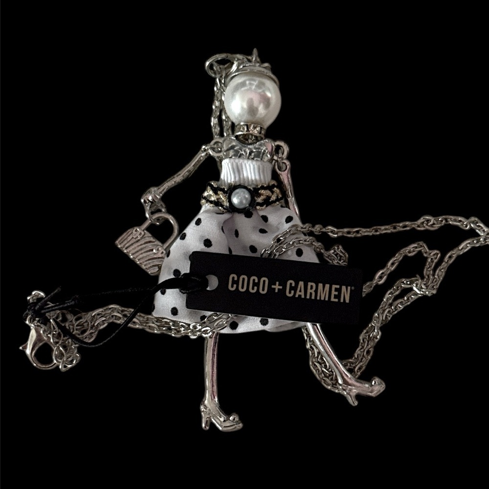 Coco + Carmen necklace with movable arms and legs Pendant 4 1/2" chain 28"–31"